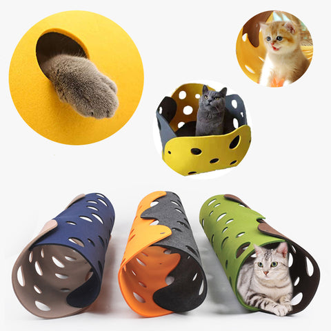 Collapsible Cat Tunnel Toy - Interactive Felt Pom Deformable Kitten Nest